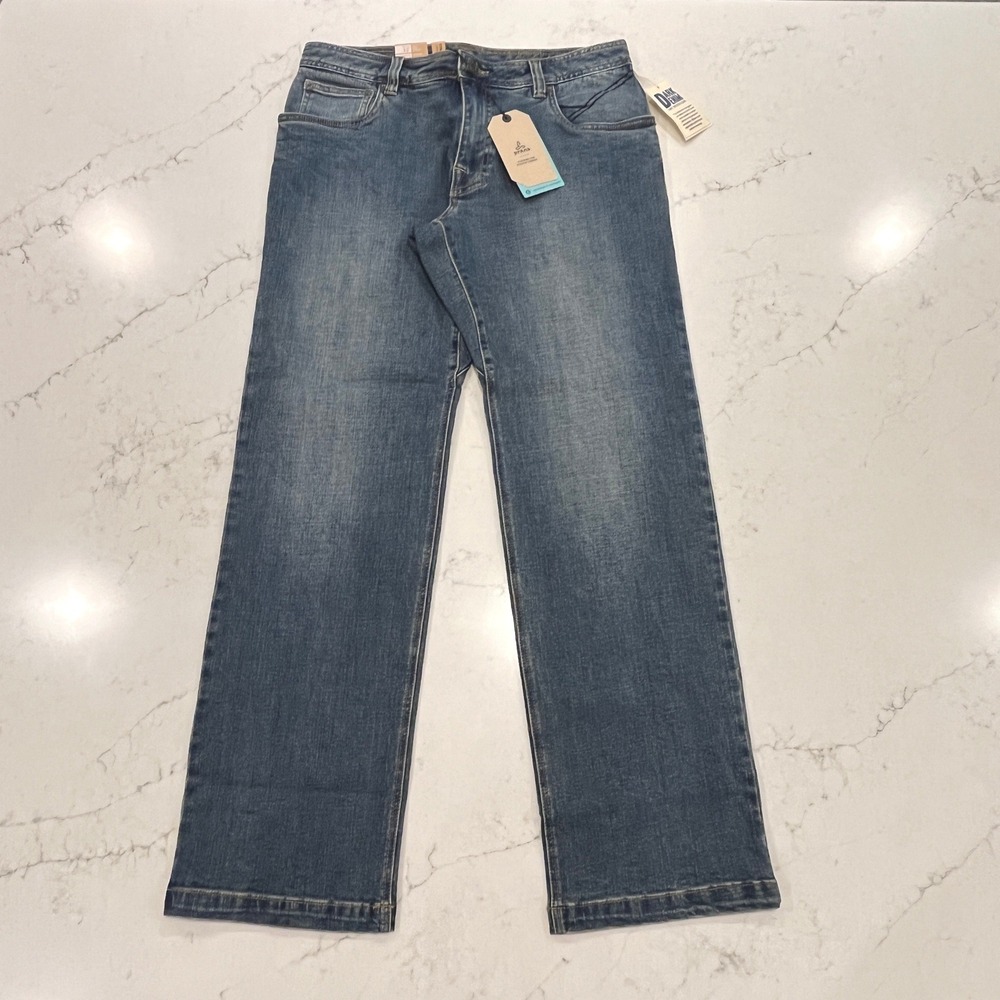 Prana NEW Axiom Jeans Mens 32 x32 Blue Denim Straight Leg Organic Cotton Stretch